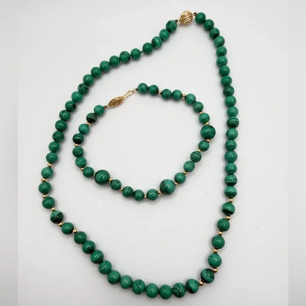 Vintage Malachite and 14kt gold beaded necklace/bracelet set‎ w/ 14kt YG clasps!